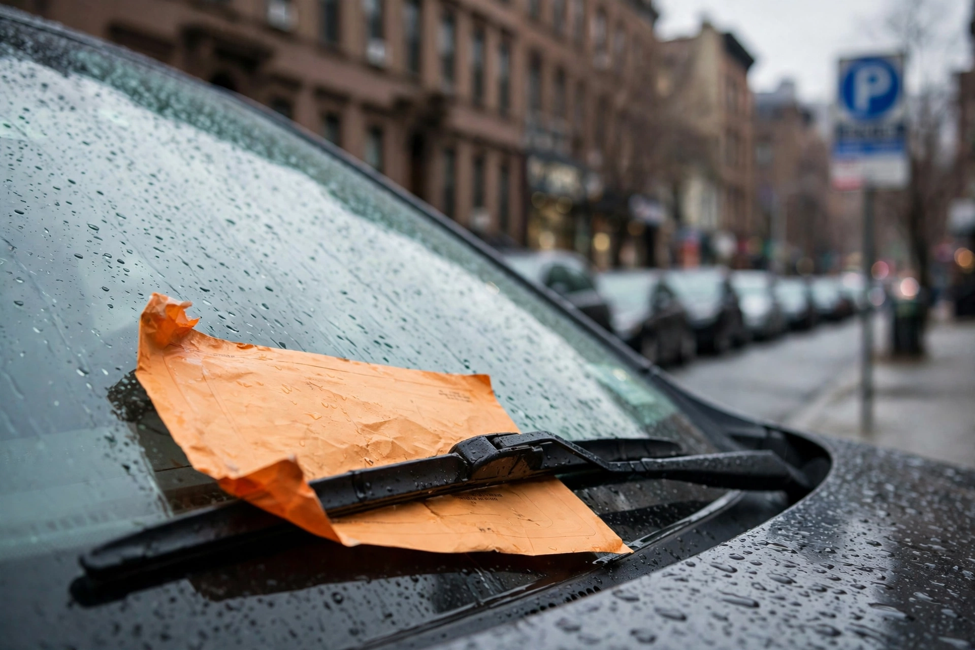 Orange parking ticket envelope tucked under a windshield wiper, weathered and unnoticed — why drivers check tickets by license plate NYC