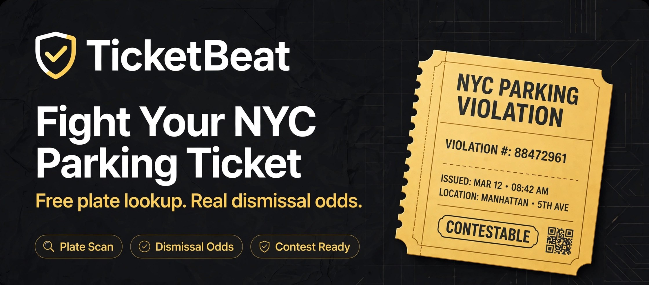 TicketBeat free odds check product image — check dismissal odds before you fight a street cleaning ticket in NYC